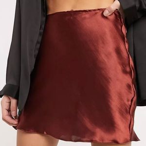 ASOS DESIGN mini high shine satin slip skirt brown